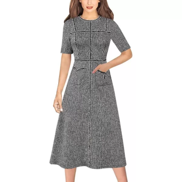 VFSHOW Womens Tweed Trim Patchwork Work Office Business ALine Midi Dress with Front PocketsBlack Tweed