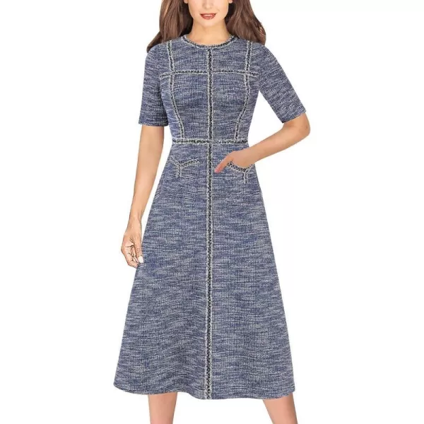 VFSHOW Womens Tweed Trim Patchwork Work Office Business ALine Midi Dress with Front PocketsBlue Tweed