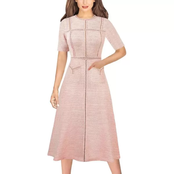 VFSHOW Womens Tweed Trim Patchwork Work Office Business ALine Midi Dress with Front PocketsPink Tweed