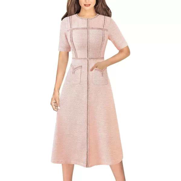 VFSHOW Womens Tweed Trim Patchwork Work Office Business ALine Midi Dress with Front PocketsPink Tweed2