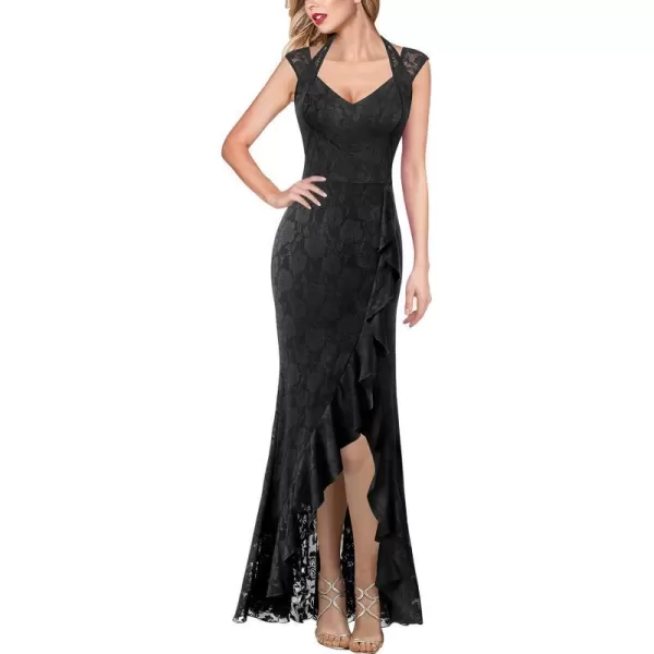 VFSHOW Womens V Halter Neck Celebrity Ruffle High Split Formal Evening Gown Wedding Prom Maxi DressBlack Floral Lace5