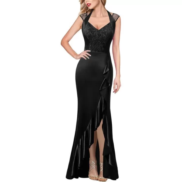 VFSHOW Womens V Halter Neck Celebrity Ruffle High Split Formal Evening Gown Wedding Prom Maxi DressBlack Satin  Floral Embroidery2