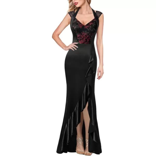 VFSHOW Womens V Halter Neck Celebrity Ruffle High Split Formal Evening Gown Wedding Prom Maxi DressBlack Satin  Floral Lace