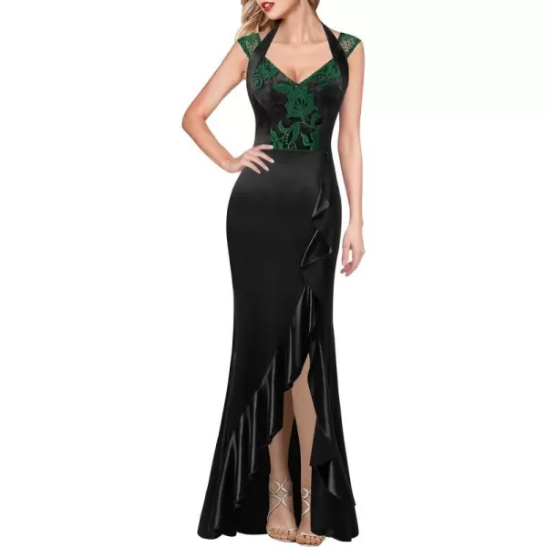 VFSHOW Womens V Halter Neck Celebrity Ruffle High Split Formal Evening Gown Wedding Prom Maxi DressBlack Satin  Floral Lace3