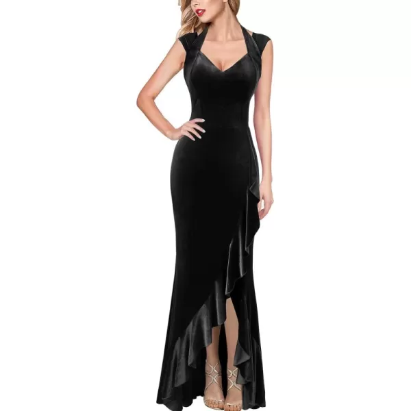 VFSHOW Womens V Halter Neck Celebrity Ruffle High Split Formal Evening Gown Wedding Prom Maxi DressBlack Velvet