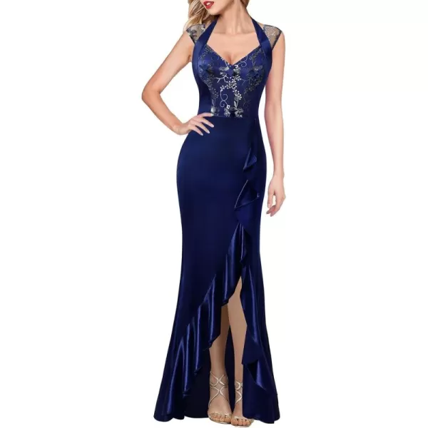 VFSHOW Womens V Halter Neck Celebrity Ruffle High Split Formal Evening Gown Wedding Prom Maxi DressNavy Blue Satin  Floral Embroidery