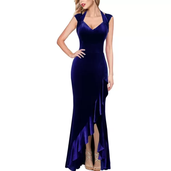 VFSHOW Womens V Halter Neck Celebrity Ruffle High Split Formal Evening Gown Wedding Prom Maxi DressNavy Blue Velvet