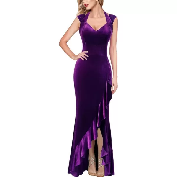 VFSHOW Womens V Halter Neck Celebrity Ruffle High Split Formal Evening Gown Wedding Prom Maxi DressPurple Velvet