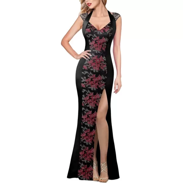 VFSHOW Womens V Halter Neck Zipper High Split Formal Evening Gown Wedding Prom Party Maxi DressBlack Floral Lace  Satin