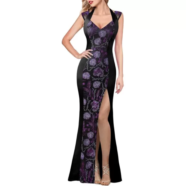 VFSHOW Womens V Halter Neck Zipper High Split Formal Evening Gown Wedding Prom Party Maxi DressBlack Satin  Purple Floral Embroidery