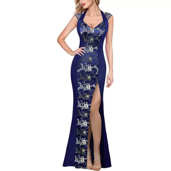 VFSHOW Womens V Halter Neck Zipper High Split Formal Evening Gown Wedding Prom Party Maxi DressBlue Floral Embroidery  Satin