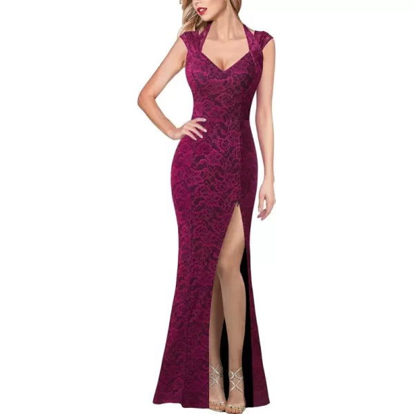 VFSHOW Womens V Halter Neck Zipper High Split Formal Evening Gown Wedding Prom Party Maxi DressFuchsia Floral Lace