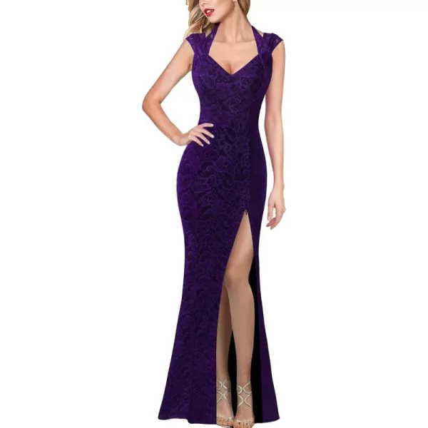 VFSHOW Womens V Halter Neck Zipper High Split Formal Evening Gown Wedding Prom Party Maxi DressPurple Floral Lace