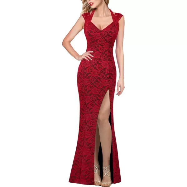 VFSHOW Womens V Halter Neck Zipper High Split Formal Evening Gown Wedding Prom Party Maxi DressRed Floral Lace