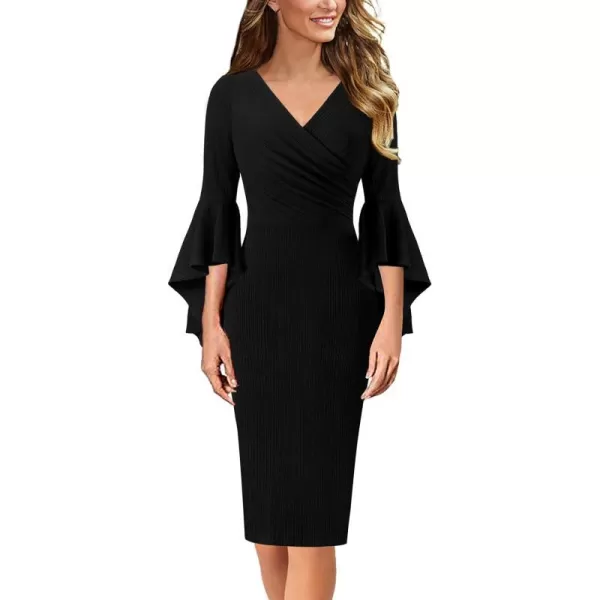 VFSHOW Womens V Neck Bell Sleeve Cocktail Party Bodycon Pencil Sheath DressBlackv Neck