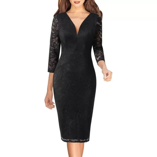 VFSHOW Womens V Neck Front Zipper Work Business Office Cocktail Bodycon Pencil DressBlack Floral Lace