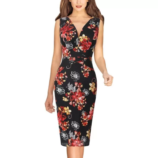 VFSHOW Womens V Neck Front Zipper Work Business Office Cocktail Bodycon Pencil DressBlack Floral Print Mesh