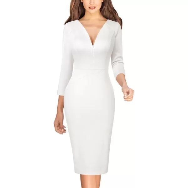 VFSHOW Womens V Neck Front Zipper Work Business Office Cocktail Bodycon Pencil DressOffwhite34 Sleeves