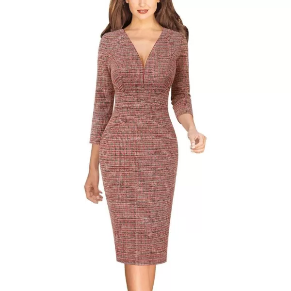 VFSHOW Womens V Neck Front Zipper Work Business Office Cocktail Bodycon Pencil DressRed Tweed34 Sleeves