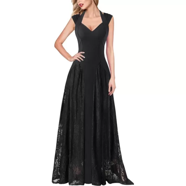 VFSHOW Womens V Neck Halter Celebrity Pleated Shoulder Patchwork ALine Formal Evening Gown Wedding Prom Maxi DressBlack  Lace