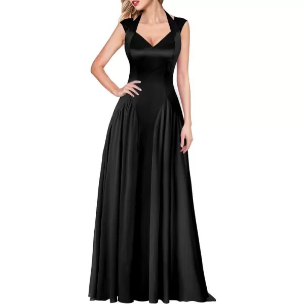 VFSHOW Womens V Neck Halter Celebrity Pleated Shoulder Patchwork ALine Formal Evening Gown Wedding Prom Maxi DressBlack Satin  Chiffon