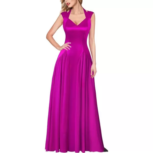 VFSHOW Womens V Neck Halter Celebrity Pleated Shoulder Patchwork ALine Formal Evening Gown Wedding Prom Maxi DressHot Pink Satin  Chiffon