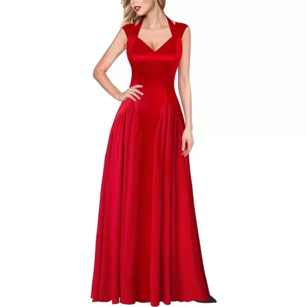 VFSHOW Womens V Neck Halter Celebrity Pleated Shoulder Patchwork ALine Formal Evening Gown Wedding Prom Maxi DressRed Satin  Chiffon