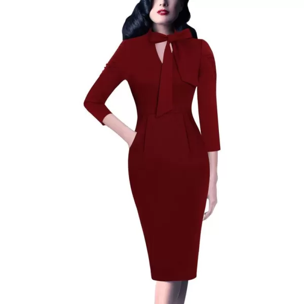 VFSHOW Womens Vintage 1950s Tie Neck Pockets Slim Cocktail Party Bodycon Pencil DressDark Red V Neck With Ties