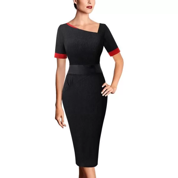 VFSHOW Womens Vintage Asymmetrical Neck Work Business Party Sheath DressBlack and Red2