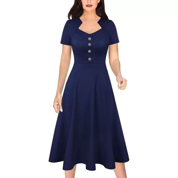 VFSHOW Womens Vintage Retro Buttons Business Work Office ALine Midi Square Neck Slim Professional Career Fit and Flare DressNavy Blue2