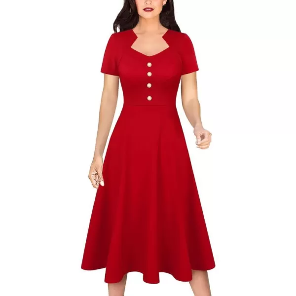 VFSHOW Womens Vintage Retro Buttons Business Work Office ALine Midi Square Neck Slim Professional Career Fit and Flare DressRed2