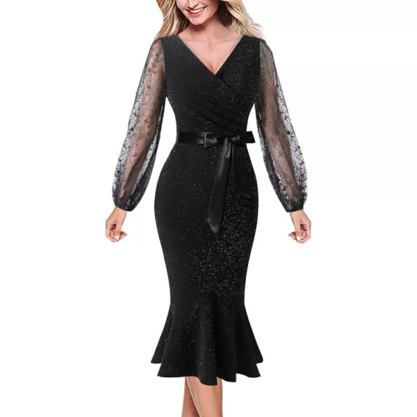 VFSHOW Womens Vintage Retro Cocktail Party Fitted Bodycon Pencil Mermaid Midi DressShiny Blacktie Waist