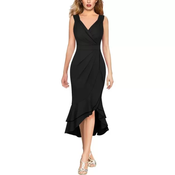 VFSHOW Womens Vintage Ruched Wrap V Neck Cocktail Ruffle Split Mermaid Midi Dress Wedding Guest Bodycon HILO MidCalf DressBlack2