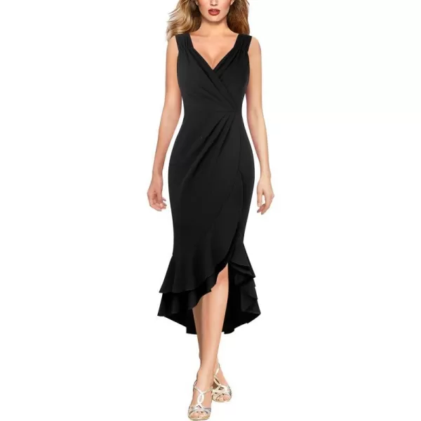 VFSHOW Womens Vintage Ruched Wrap V Neck Cocktail Ruffle Split Mermaid Midi Dress Wedding Guest Bodycon HILO MidCalf DressBlack4