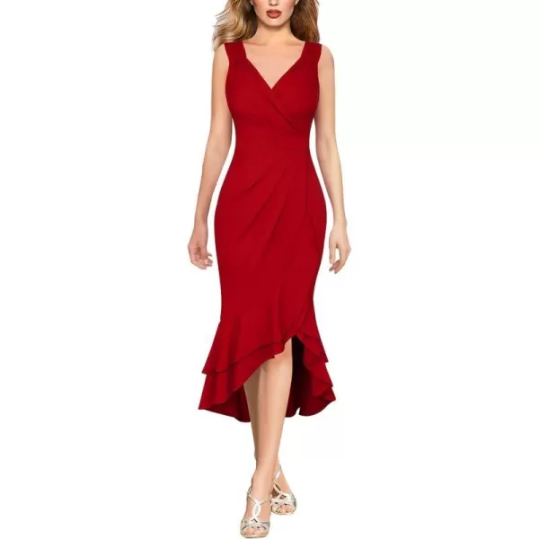 VFSHOW Womens Vintage Ruched Wrap V Neck Cocktail Ruffle Split Mermaid Midi Dress Wedding Guest Bodycon HILO MidCalf DressRed2