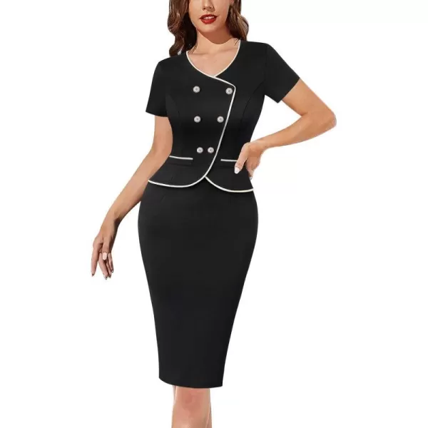 VFSHOW Womens Work Business Office Double Breasted V Neck Peplum Elegant Retro Office Church Slim Pencil Sheath DressBlack  Ivory Piping