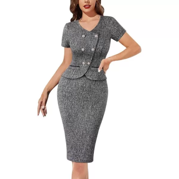 VFSHOW Womens Work Business Office Double Breasted V Neck Peplum Elegant Retro Office Church Slim Pencil Sheath DressBlack Tweed