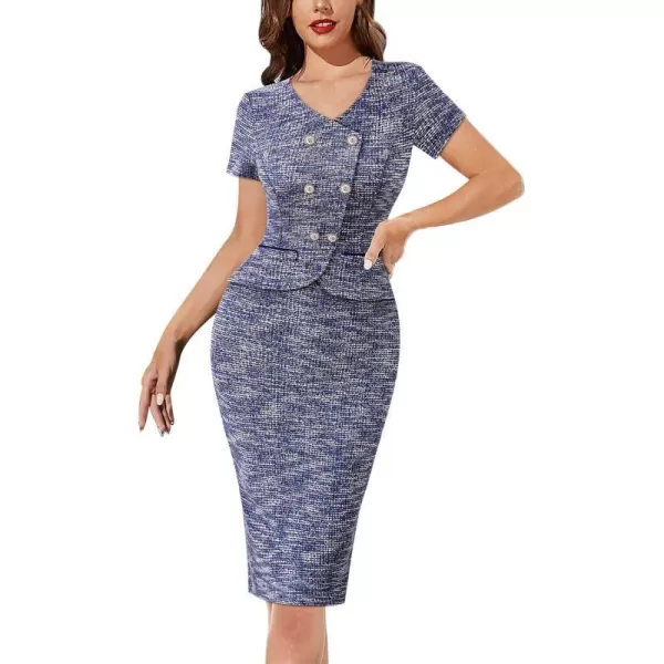 VFSHOW Womens Work Business Office Double Breasted V Neck Peplum Elegant Retro Office Church Slim Pencil Sheath DressBlue Tweed