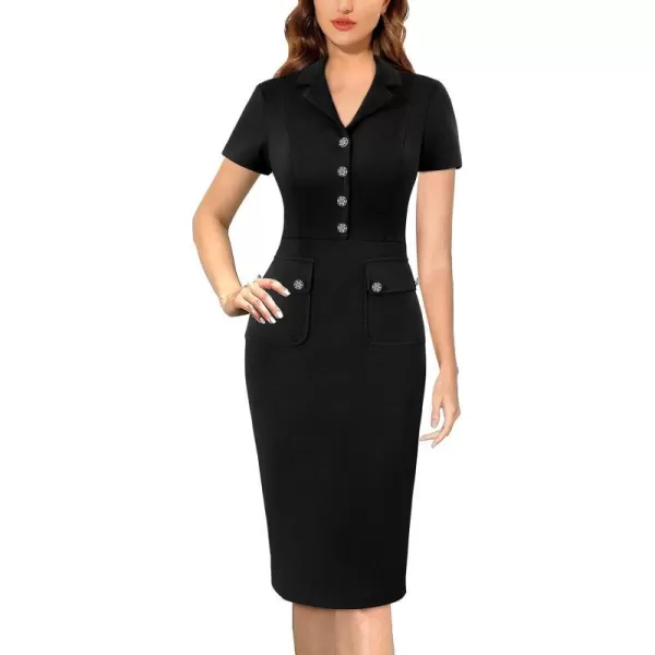 VFSHOW Womens Work Business Office Lapel V Neck Button Vintage Pockets Vintage Church Pencil Sheath DressBlack