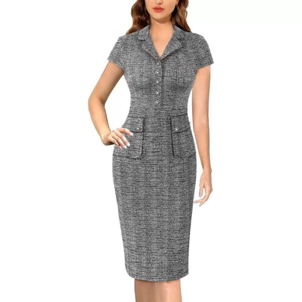 VFSHOW Womens Work Business Office Lapel V Neck Button Vintage Pockets Vintage Church Pencil Sheath DressBlack Tweed