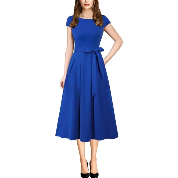 Vfshow Womens Elegant Patchwork Pockets Pleated Casual Work Party ALine Midi DressBluecap Sleeve