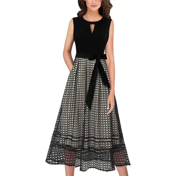 Vfshow Womens Elegant Patchwork Pockets Print Work Casual ALine Midi DressBlack