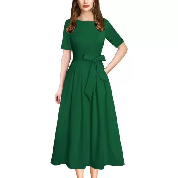 Vfshow Womens Elegant Patchwork Pockets Print Work Casual ALine Midi DressGreenshort Sleeve