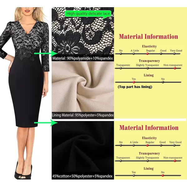 imageVFSHOW Womens Floral Lace Applique Waist V Neck 34 Sleeve Colorblock Cocktail Bodycon DressBlack  Floral Lace