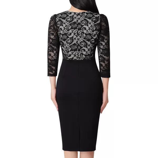 imageVFSHOW Womens Floral Lace Applique Waist V Neck 34 Sleeve Colorblock Cocktail Bodycon DressBlack  Floral Lace