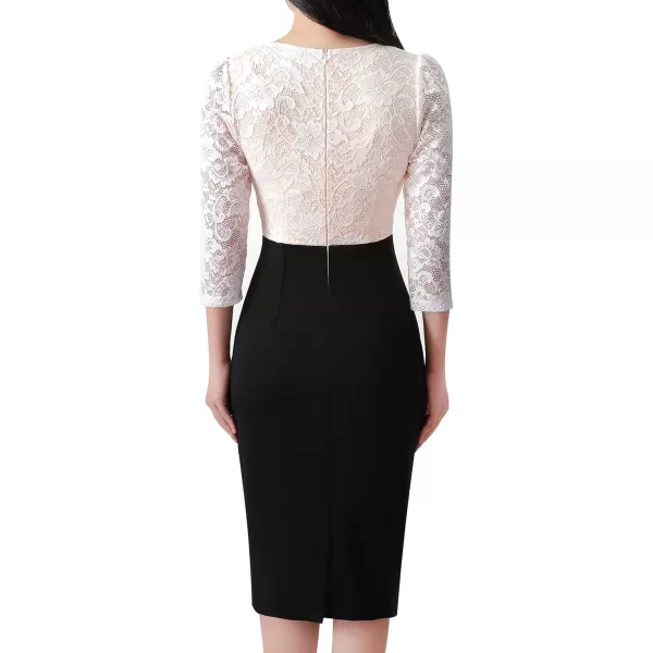 imageVFSHOW Womens Floral Lace Applique Waist V Neck 34 Sleeve Colorblock Cocktail Bodycon DressBlack  Off White Floral Lace