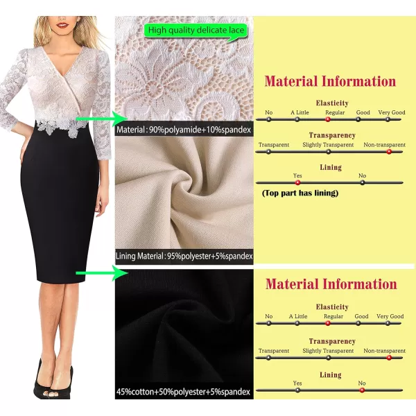 imageVFSHOW Womens Floral Lace Applique Waist V Neck 34 Sleeve Colorblock Cocktail Bodycon DressBlack  Off White Floral Lace