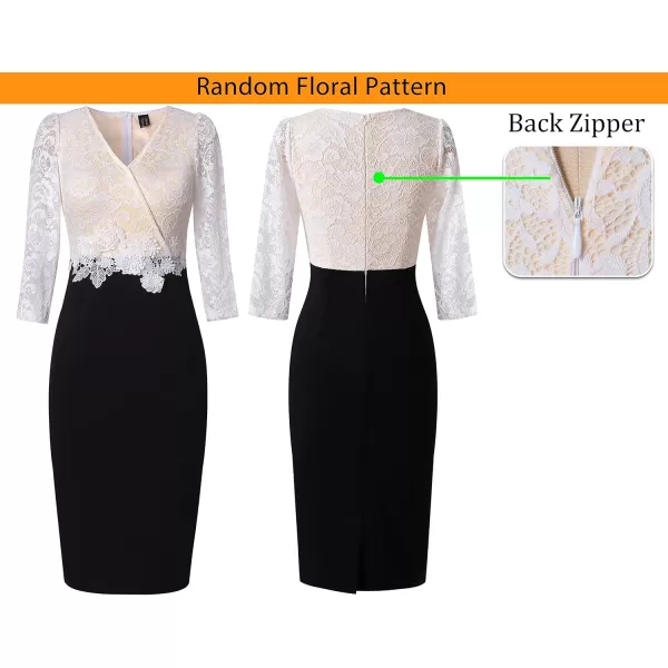 imageVFSHOW Womens Floral Lace Applique Waist V Neck 34 Sleeve Colorblock Cocktail Bodycon DressBlack  Off White Floral Lace