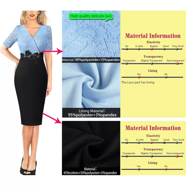 imageVFSHOW Womens Floral Lace Applique Waist V Neck Short Sleeve Colorblock Cocktail Bodycon DressBaby Blue Floral Lace  Black