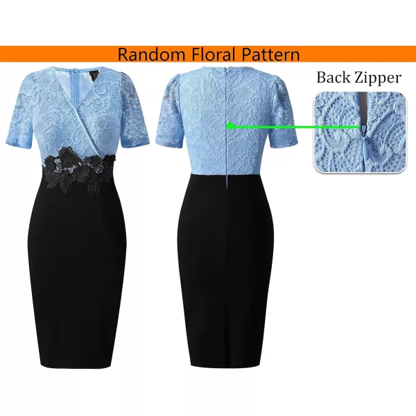 imageVFSHOW Womens Floral Lace Applique Waist V Neck Short Sleeve Colorblock Cocktail Bodycon DressBaby Blue Floral Lace  Black